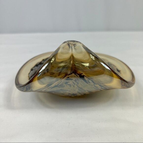 Murano Style Gold Yellow Speckled Art Glass Hand Blown Curved Leaf Shaped Dish - Picture 6 of 10